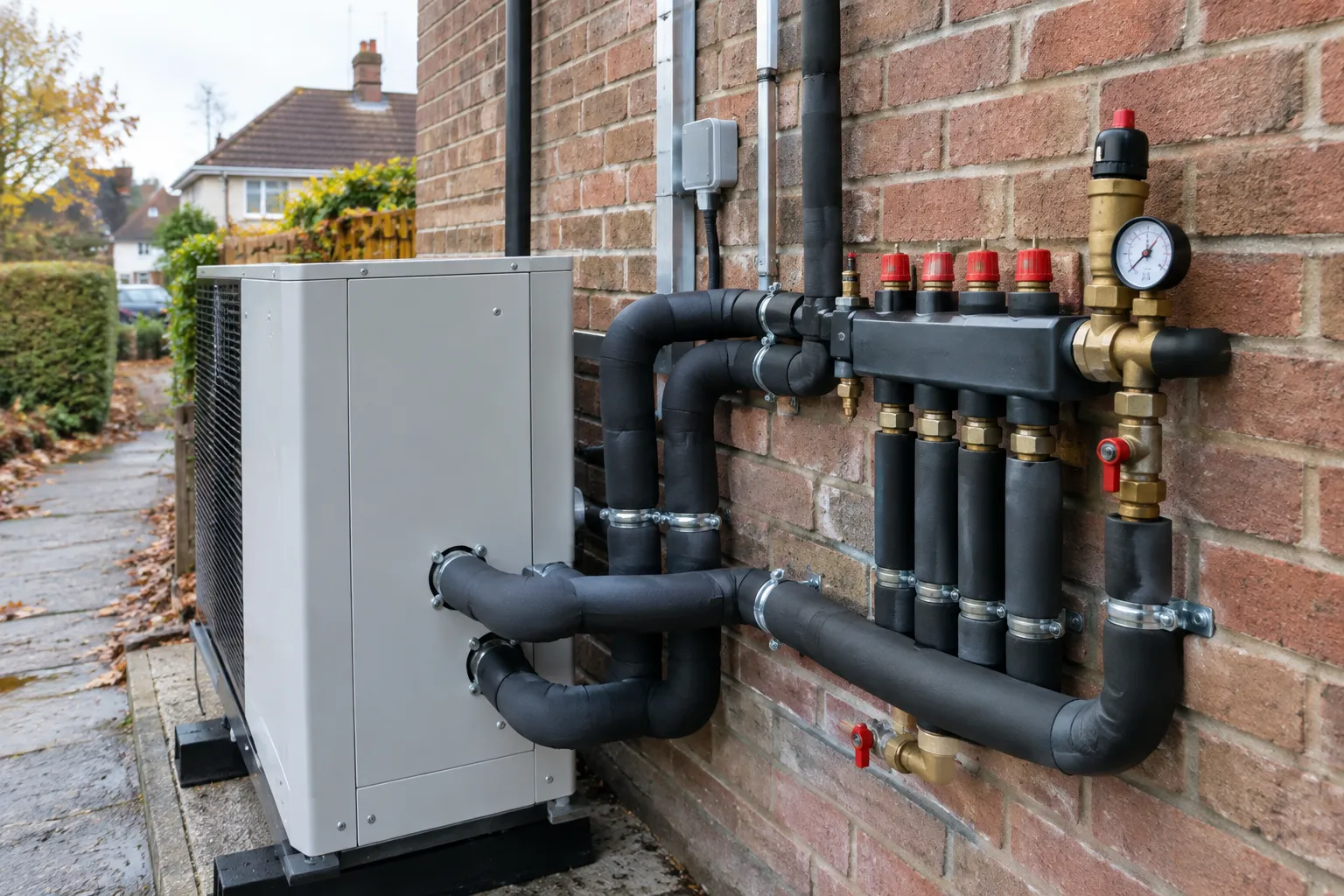 Insulated pipework connecting a heat pump installation
