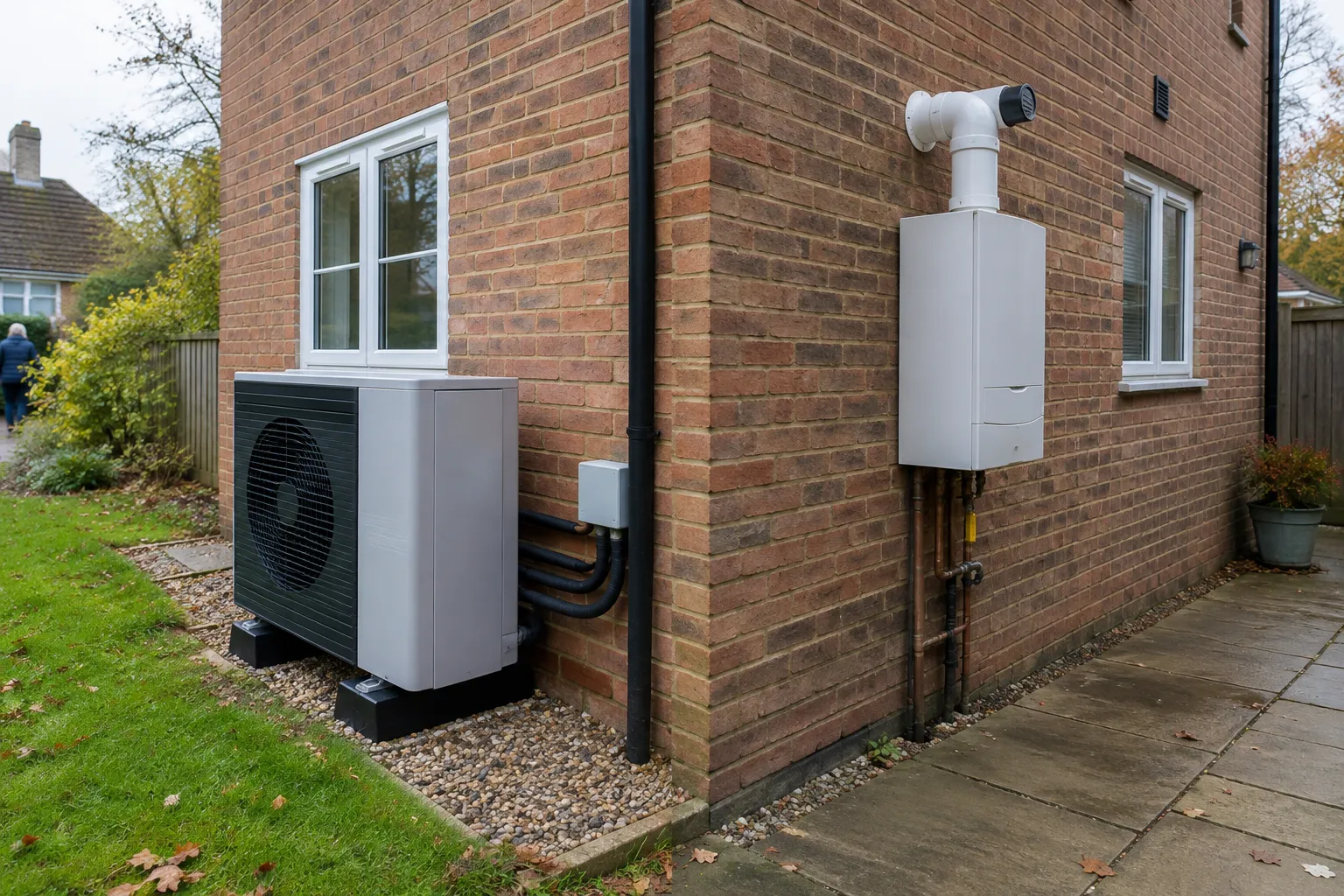 Heat pump unit beside a traditional gas boiler flue