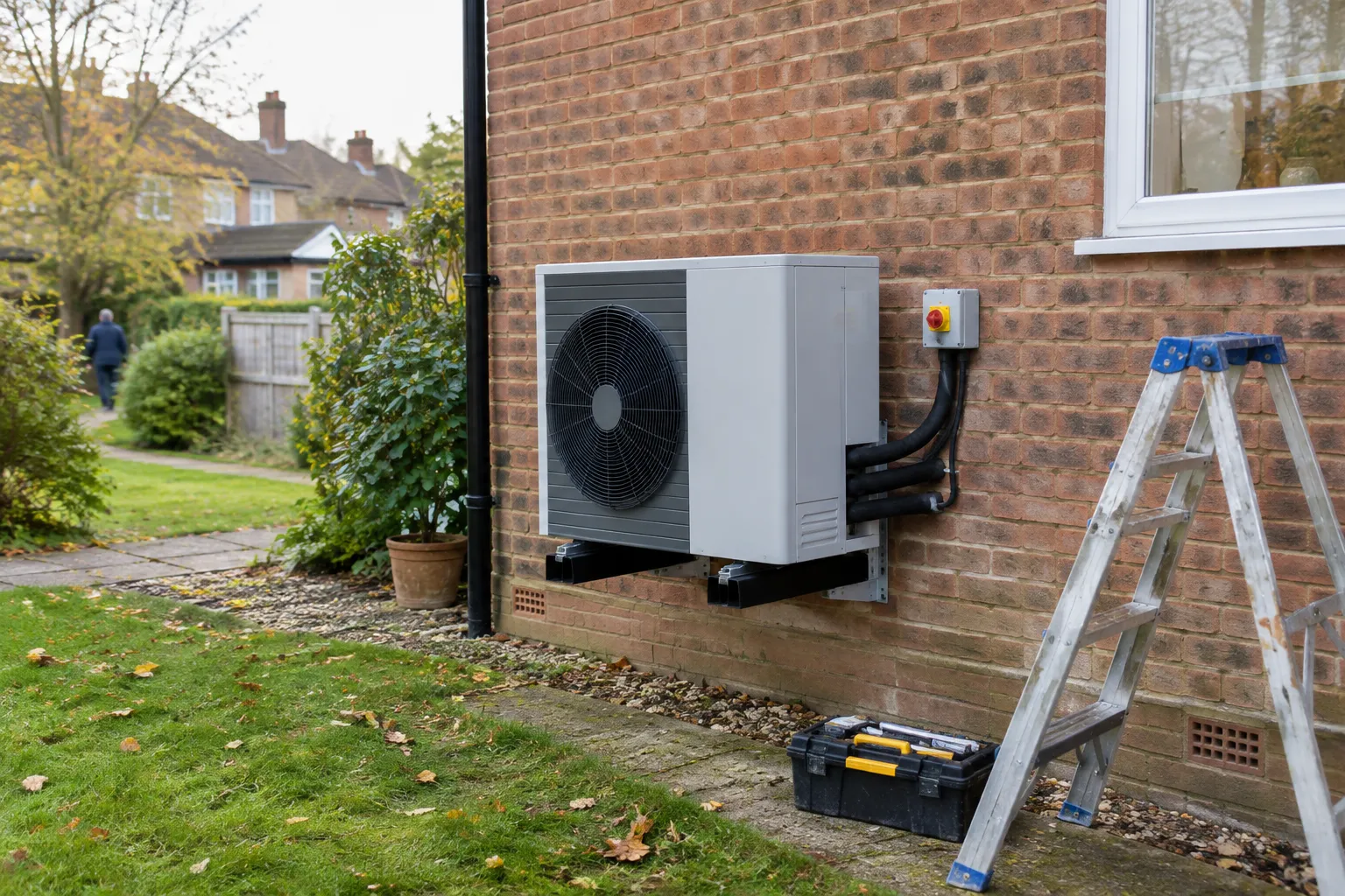 Freshly installed air source heat pump unit with tools nearby