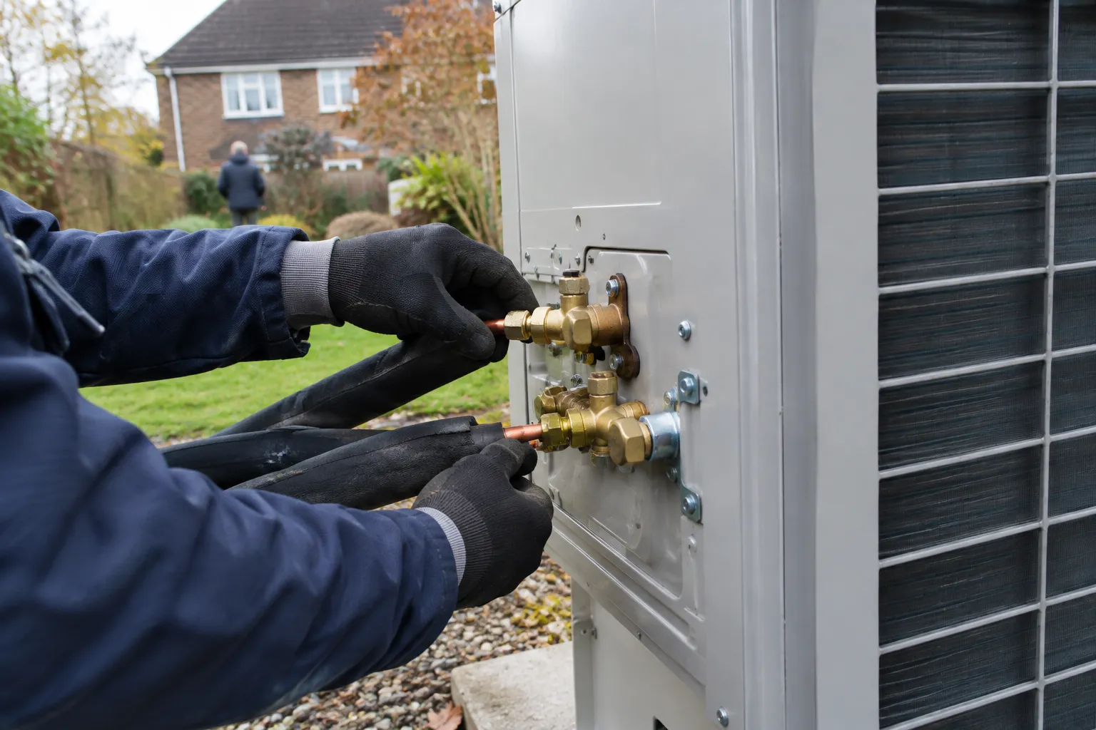Connecting refrigerant pipework on a heat pump unit