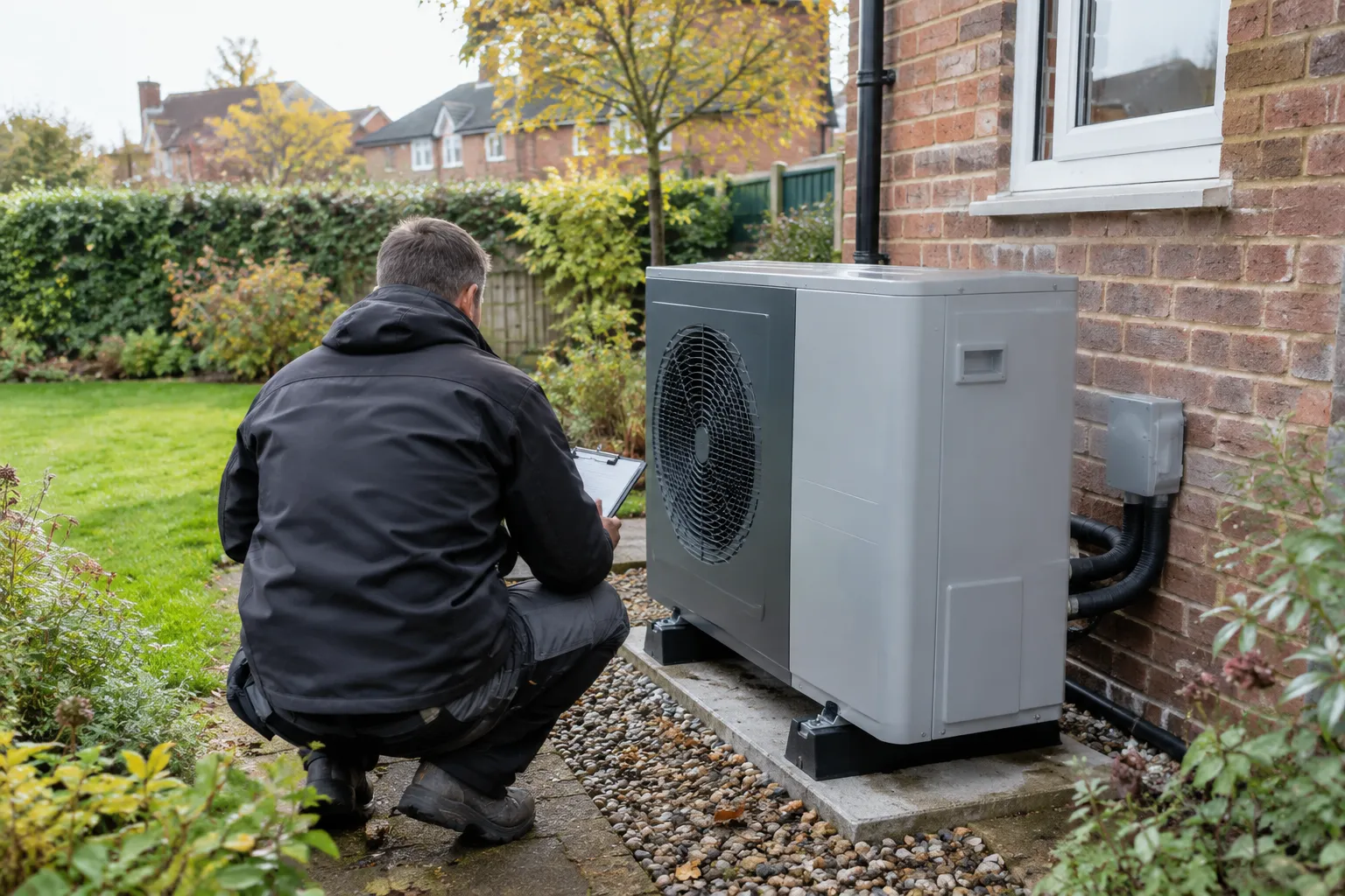 Specialist inspecting a heat pump outdoor unit