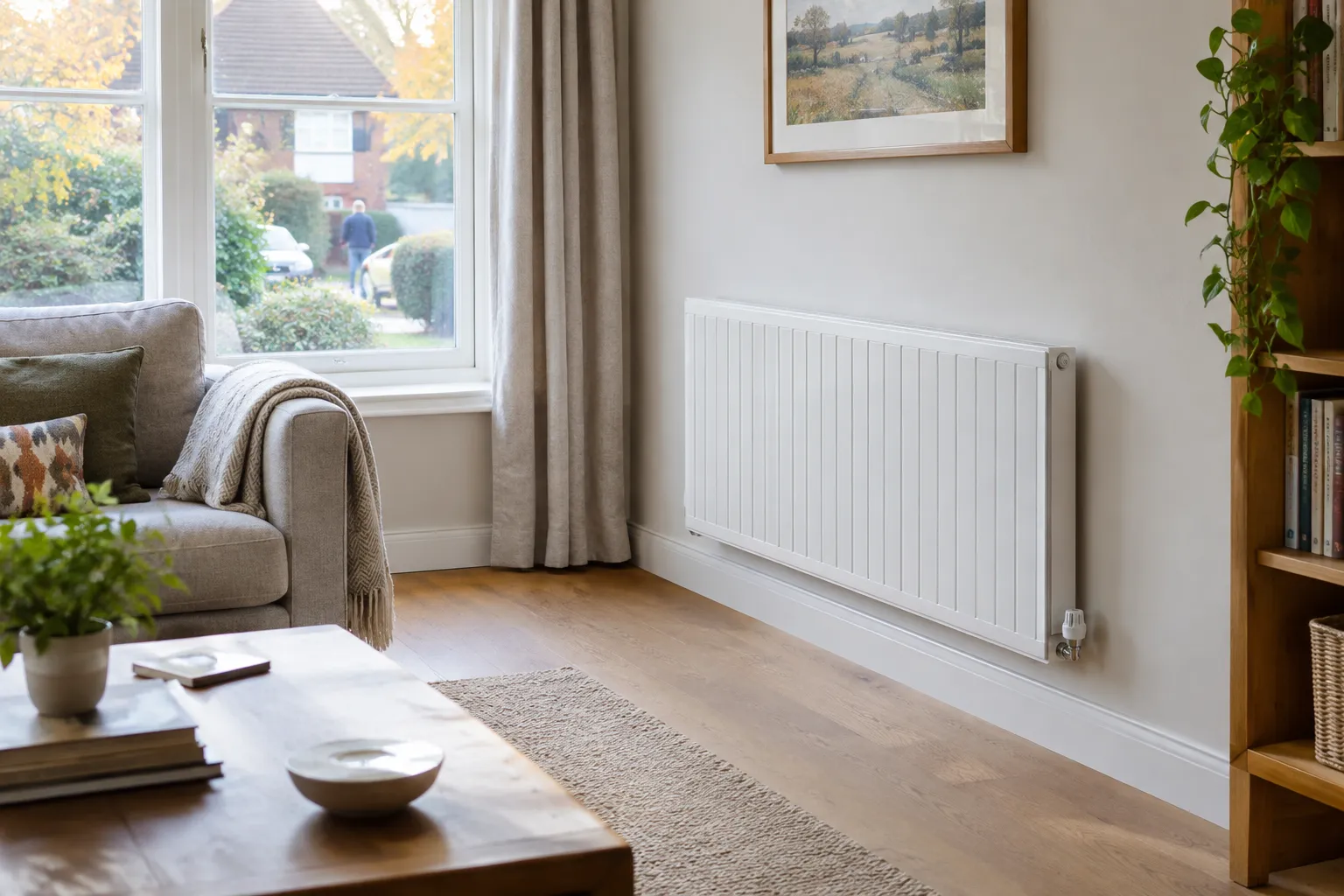 A modern radiator in a bright living room